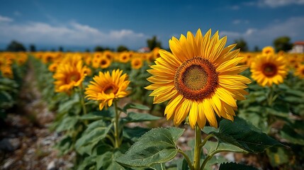 Fototapeta premium Endless sunflower meadow with clear blue sky above, golden petals glowing in sunlight, rural countryside agriculture landscape, vibrant seasonal nature scenery background.