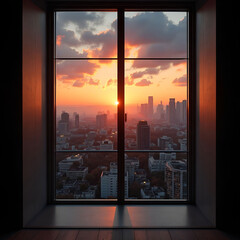 Sunset City View Through Modern Window Grid