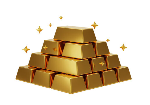 Isolated gold bars stacked in a pyramid, a golden stockpile, shiny, bright treasure asset