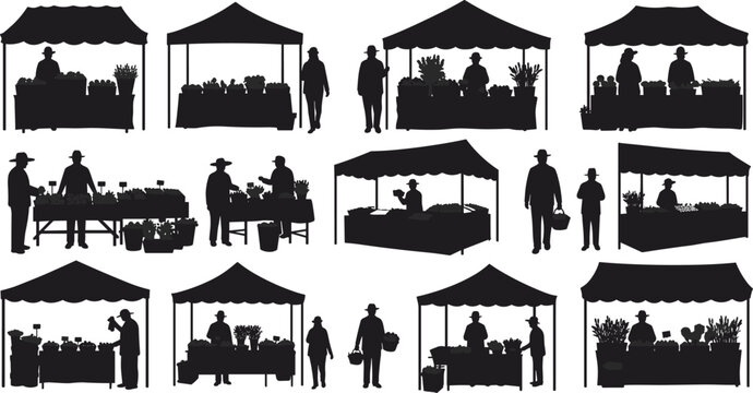 Farmers market stall silhouettes, vendor tents, selling fruits vegetables, local produce market, outdoor shopping scene, agriculture fair, village trade illustration