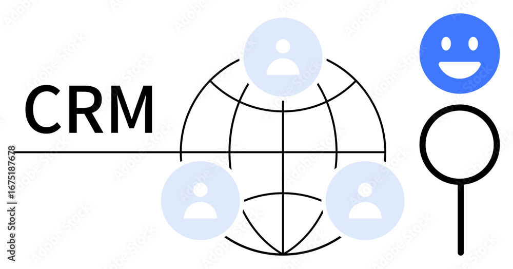 Poster crm text beside a globe with user icons and a magnifying glass holding a happy face. ideal for custo