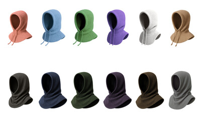 Colorful balaclava hoods for winter; balaclava styles in rib knit and fleece with drawstrings, flared neck, balaclava views for fashion mockups and ecommerce, set, isolated transparent background