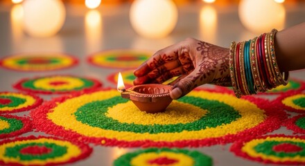 A hand placing a diya on a colorful rangoli design with bangles on the wrist visible