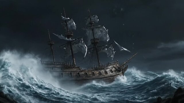 old pirate ship sailing rough stormy seas with lightning