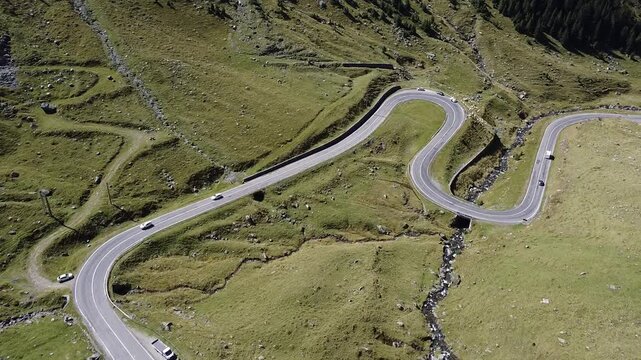 Aerial view of sharp bends of the Transfagarasan Highway in Carpathian Mountains, Romania