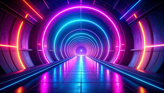 A futuristic tunnel with neon lights creating a vibrant and colorful pathway towards a bright light at the end. - Powered by Adobe