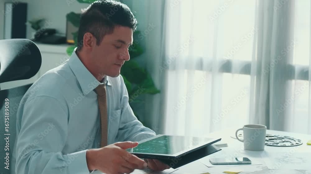 Poster professional engineer looking at phone while working on tablet with green screen at meeting table wi
