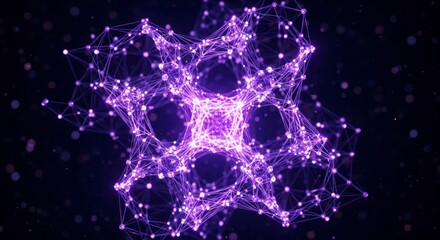 Abstract futuristic background of a glowing purple network of connected nodes. Concept of technology, big data, blockchain, or a neural network.