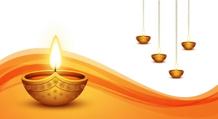 A glowing diya with intricate designs and hanging diyas in a festive arrangement design