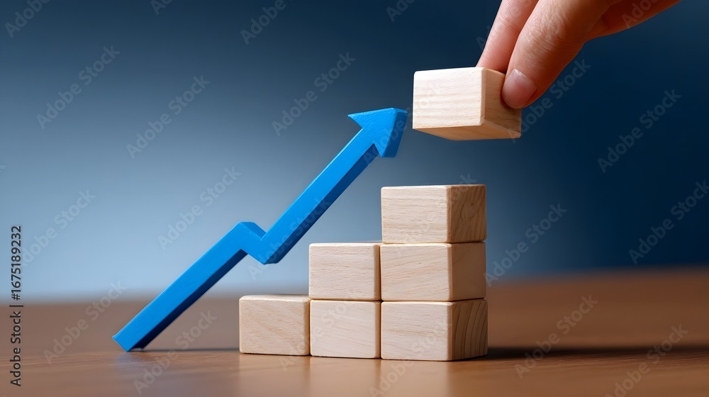 Poster hands arranging wooden blocks into a growing graph shape.