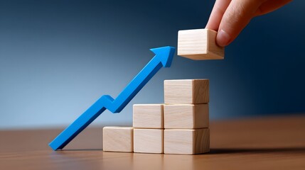 Hands arranging wooden blocks into a growing graph shape.