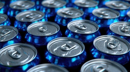 A detailed top-down perspective shows many blue soda cans with silver tops, ready to be enjoyed.