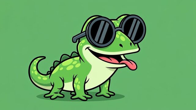 Cool Cartoon Lizard Wearing Sunglasses - A playful green cartoon lizard smiles while wearing large, round sunglasses against a solid green background.