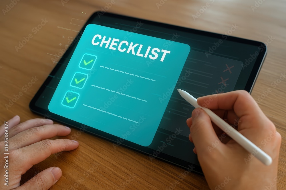 Poster a digital checklist displayed on a tablet computer, with checkmarks and a stylus, sits on a wooden s