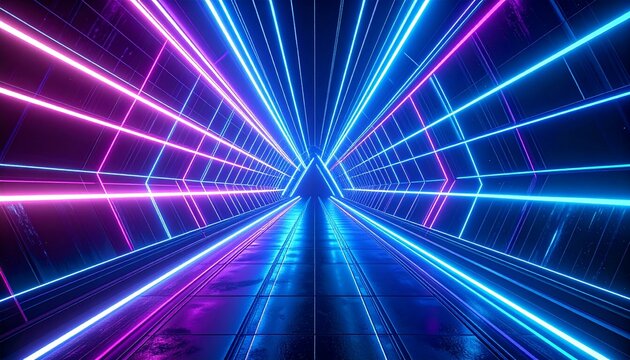 Futuristic tunnel with neon lights converging towards a central triangular point, creating an abstract design.