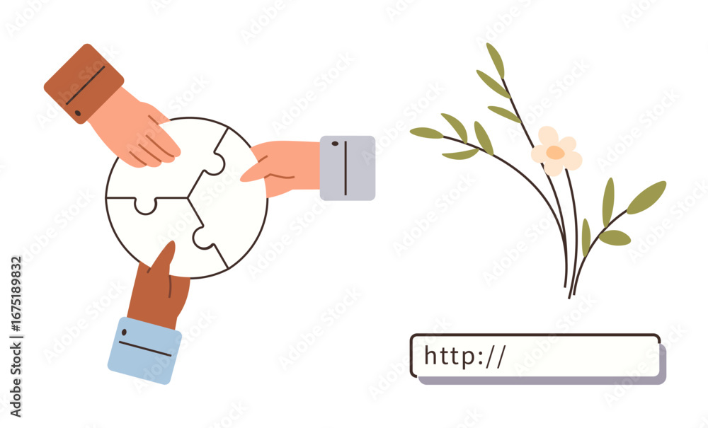 Poster hands connecting puzzle pieces symbolize teamwork and unity. flower and url bar represent growth, co