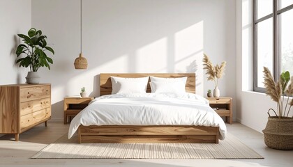 Bright, minimalist bedroom with a wooden bed, white linens, bedside tables, dresser, plants, and natural light streaming through a large window.