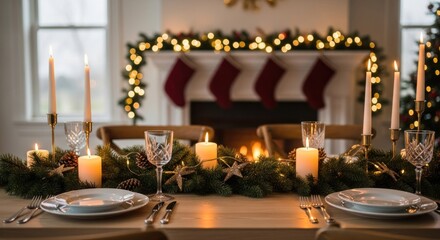 Fototapeta premium Festive dining table set for Christmas, fireplace with stockings behind