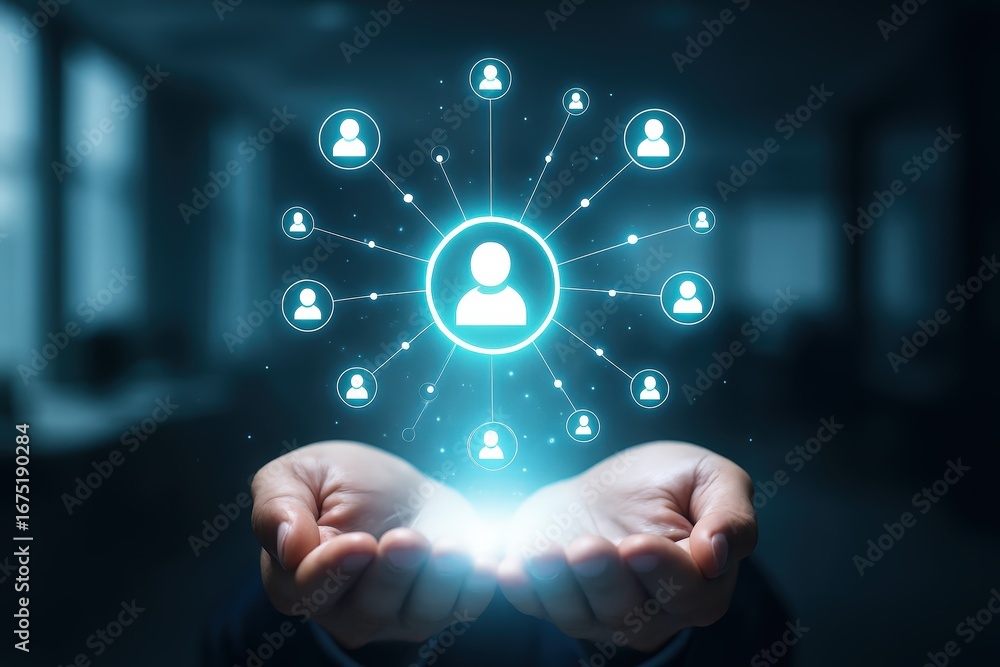 Poster hands holding a network of interconnected user profiles, showcasing a modern and technology-driven c