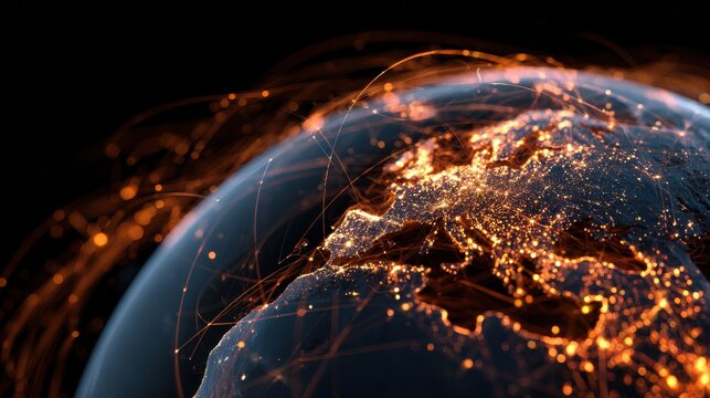 A glowing digital globe with a web of interconnected lines and data streams.