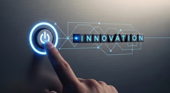 Finger touches power button, activating innovation text, on dark metal