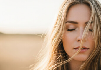 Closeup portrait of a woman with her eyes closed in warm light, a peaceful outdoor lifestyle image perfect for mindfulness or wellness inspiration
