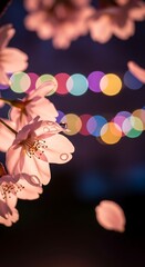 Fototapeta premium Night illumination and ethereal beauty of cherry blossoms at night
