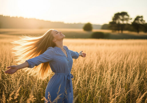 Joyful portrait of a woman in a blue dress with her arms wide in a wheat field at sunset, a lifestyle freedom concept perfect for wellness visuals