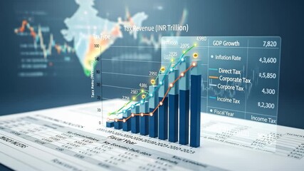 Indian Tax Revenue Growth Chart - A 3D bar chart illustrates the growth of tax revenue in India from 2010 to 2023, showing increases in direct, corporate, and income tax, alongside inflation and GDP - Powered by Adobe