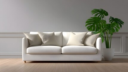 Cozy modern living room with minimalist furniture and a lush plant.