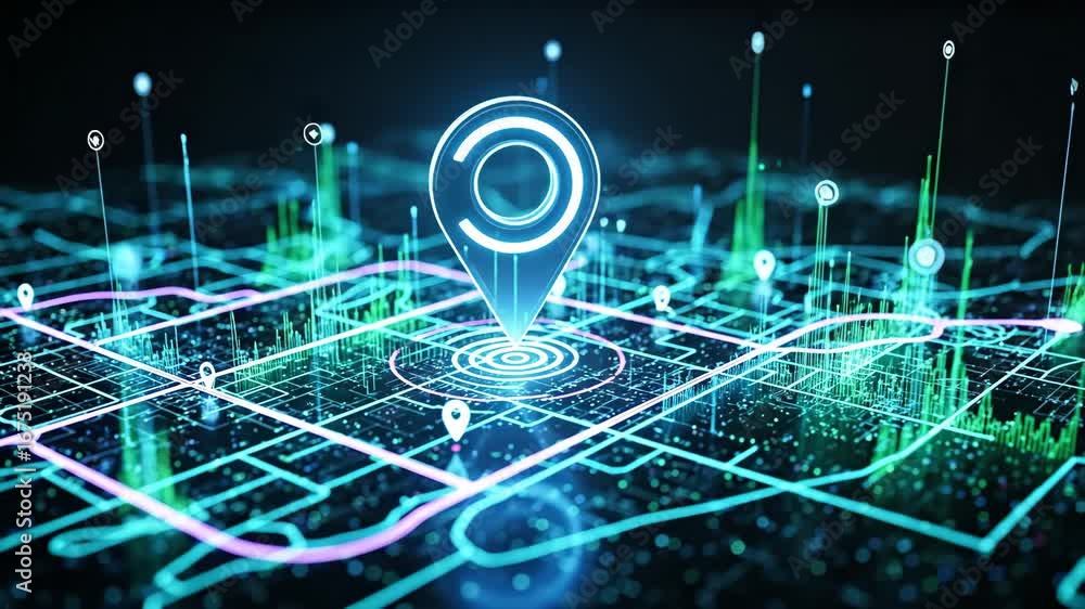Aufkleber digital city map with location pin - a futuristic digital city map is shown with glowing lines repre