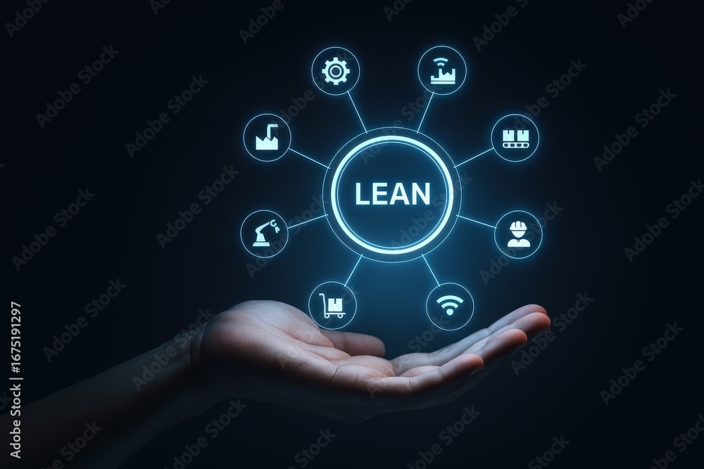 Poster a hand holds a digital display showcasing the concept of lean manufacturing processes, with intercon
