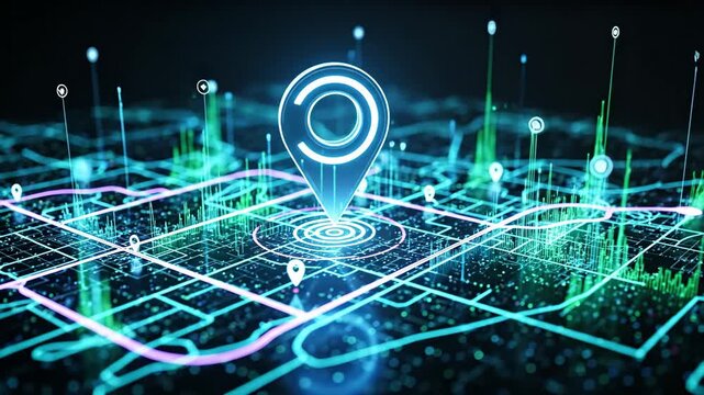 Digital City Map with Location Pin - A futuristic digital city map is shown with glowing lines representing streets and data points, a central location pin highlights a specific area, suggesting