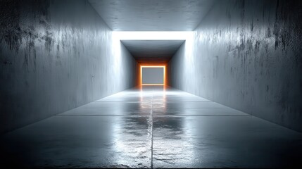 Abstract concrete tunnel illuminated by bright light.