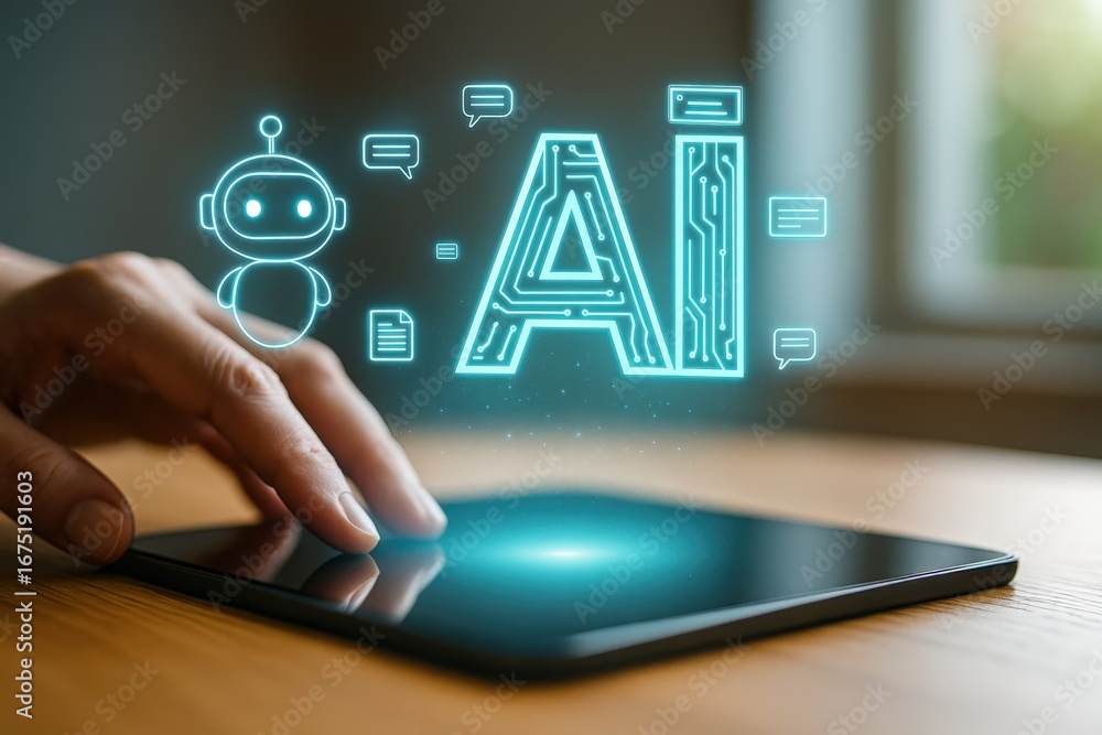 Poster a hand interacts with a digital tablet, displaying a futuristic representation of ai, complete with 