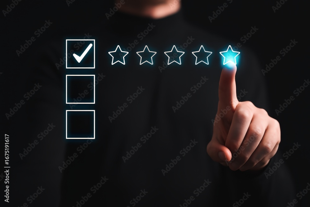 Poster a hand interacts with a glowing rating system, highlighting a selection of stars for feedback.