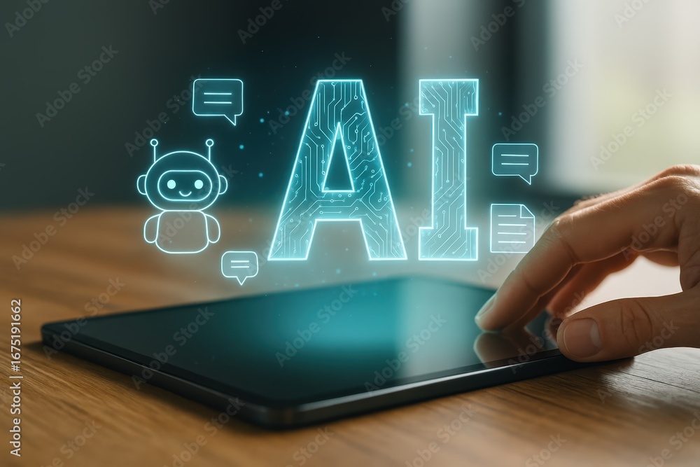 Poster a tablet displays the letters ai, highlighted with circuit board designs, along with icons of a robo
