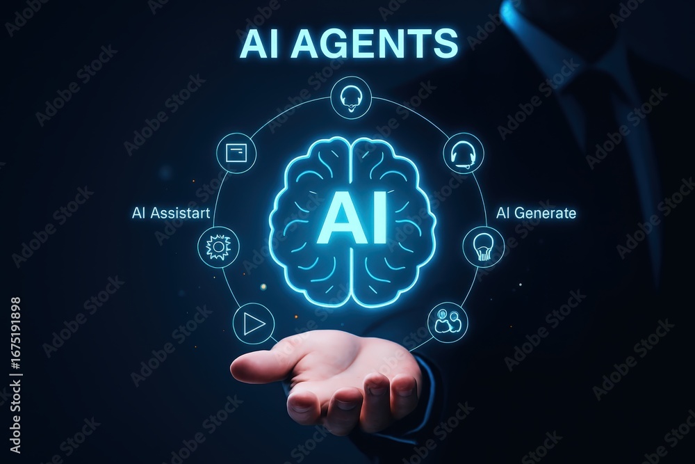 Poster a hand holds a glowing holographic representation of ai agents, featuring functions like assist and 