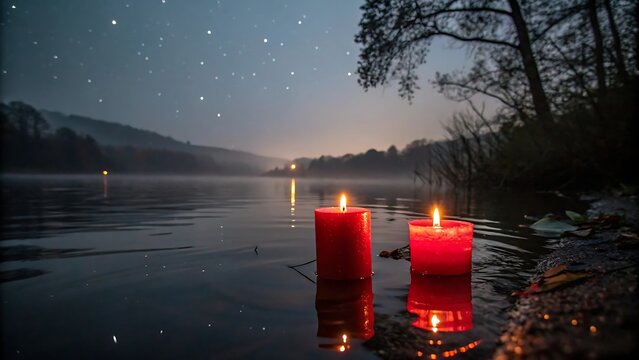 Two red candles floating on a dark lake at night. AI GENERATED.