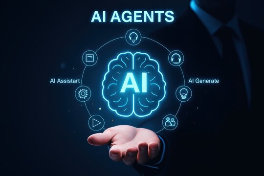 A hand holds a glowing holographic representation of AI agents, featuring functions like assist and generate, displayed in a dark background.