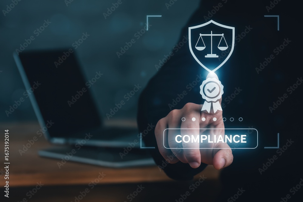 Poster a hand interacts with a digital interface showcasing compliance concepts, such as a shield and scale