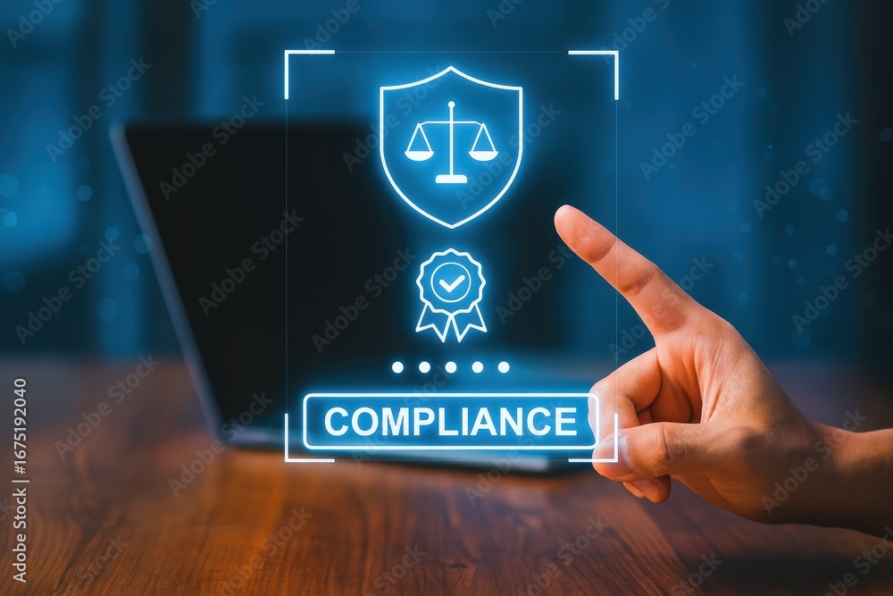Poster a hand points to a glowing digital overlay displaying the word compliance and related icons of a shi