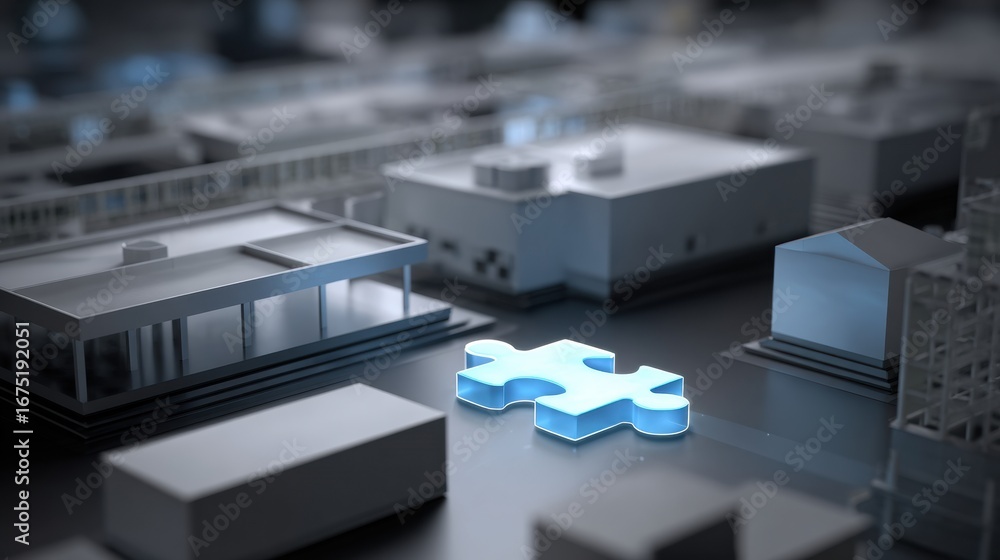 Poster detailed blueprint of warehouse layout featuring prominent glowing puzzle piece, symbolizing innovat