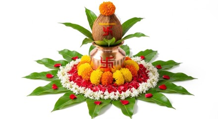 A traditional hindu ritual setup with coconut, pot, flowers, and mango leaves on white