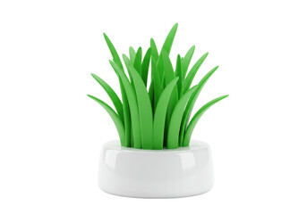 Isolated Grass in a Ceramic Pot, Spring Growth Indoors, Green Blades, Decorative Plant