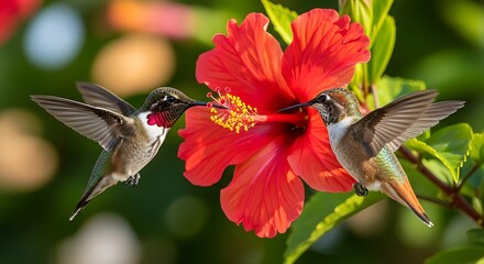 Fototapeta premium Two hummingbirds feeding on a red hibiscus flower