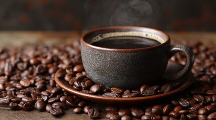 Ceramic cup of freshly brewed coffee surrounded by roasted coffee beans.