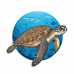 Obraz premium Sea turtle illustration with ocean habitat in circle background