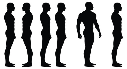 Silhouettes of a man in different poses and views on white background