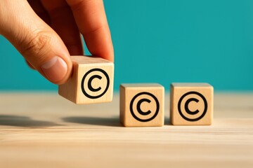 A hand carefully places a wooden cube displaying a  symbol next to two others, showcasing intellectual property rights on a light-brown wooden surface against a teal backdrop.